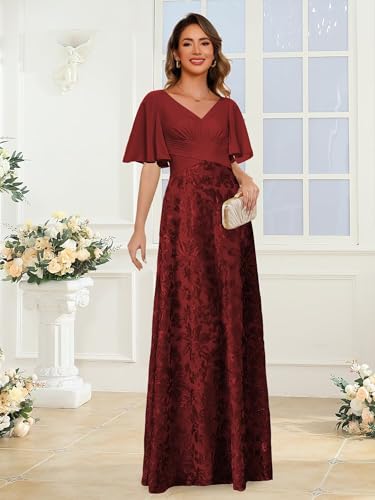 Stylefun Flutter Sleeves Long Evening Dress for Women Sequin V Neck Formal Mother of The Bride Dress CYM3333