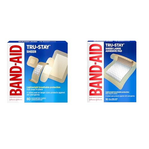 Band-Aid Brand Tru-Stay Sheer Strips 80ct and Tru-Stay Adhesive Pads Large 10ct First Aid Wound Care Bandages