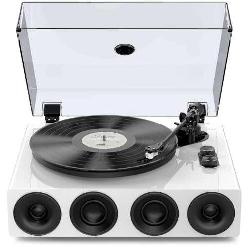 1 by ONE All-in-One Record Player with Wireless Input, High Fidelity Belt Drive Turntable with Built-in Speakers, Magnetic Cartridge AT-3600L, Built-in Preamp, Piano Lacquer White