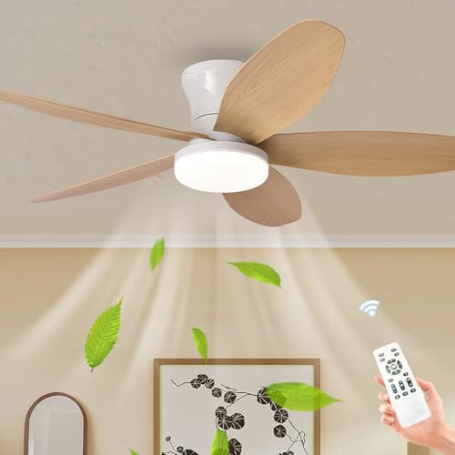 LASANYA Ventilatore da Soffitto con Luce e Telecomando Soggiorno Lampadario Ventilatore da Soffitto a 5 Pale Dimmerabile Per Camera da Letto Reversibile, 6 Velocità, Motore DC-White-Wood||100CM