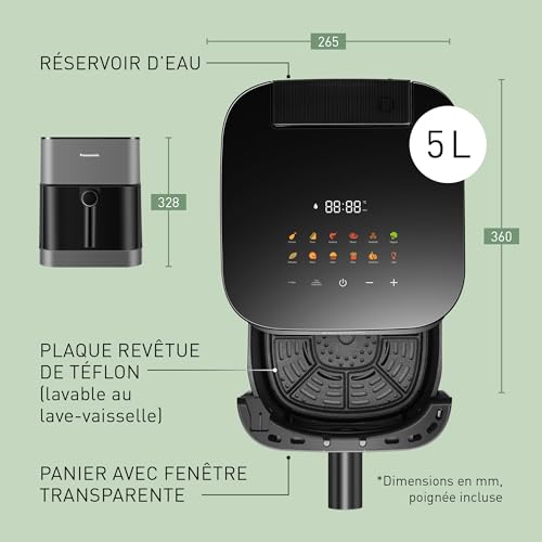 Panasonic AirFryer Friteuse sans huile NF-CC500SXE avec Hublot, 5L, 80-200°C, Minuterie Numérique et Écran LCD, Vapeur Douce, 11 Préréglages, Nettoyage Facile, Gris Mat