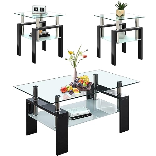 Glass Coffee Table Sets of 3 for Living Room, Mordern End Table Sofa Side Tables with Storage, Black Metal Leg, Rectangle Tempered Center Table Home Furniture Set (Clear)