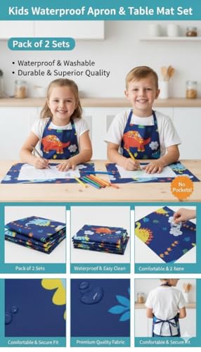 Image of HOUSE FOX Kids Waterproof Apron and Table Mat Set (Pack of 2 set)(Age 4 - 9 years), Aprons for Teens, Boys & Girls | Ideal for Cooking, Painting, School, Art | Machine washable|Reusable | Long Life