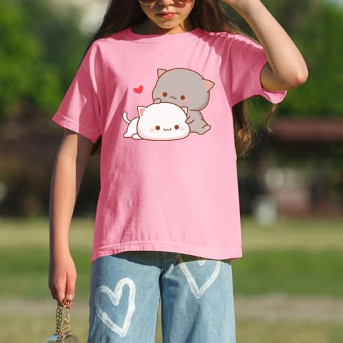 Image of KEEVICI Cute Cat Shirts for Girls Graphic Tees Kids Kawaii Cartoon Animal Print T Shirt Summer Cotton Short Sleeve Tops