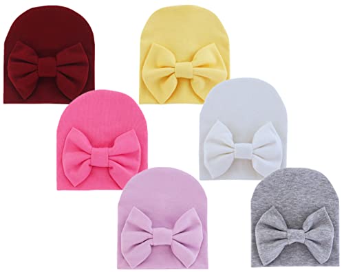 QandSweat Newborn Girls' Hats & Caps Infant Big Bow Cotton Hat 0-6 Months 6-Pack (6 Colors B)