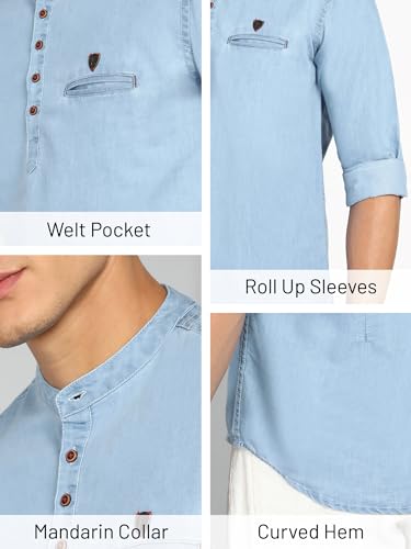 Image of Kuons Avenue Men's Denim Casual Short Kurta | Mandarin Collar | Full Sleeves | Tailored Fit- Stylish Ethnic Wear