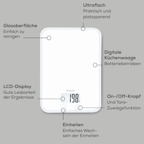 Beurer KS 19 Pure White digitale Küchenwaage, Tragkraft bis zu 5 kg (1-g-genaue Einteilung), Haushaltswaage mit Sensor-Touch… – Ansicht 6
