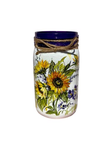 Handmade Sunflower Decoupaged Mason Jar Centerpiece - Rustic Summer Wildflower Decor