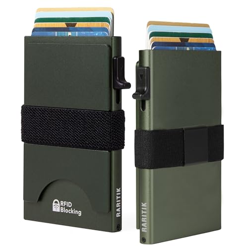 Image of Card Holder Wallets for Men | Slim Aluminum Wallet | RFID Blocking Minimalist Metal Pop Up Wallet | Money Clip & Cash Band | Expandable Compact Plate | Men's Accessories & Gifts for Men,Army Green