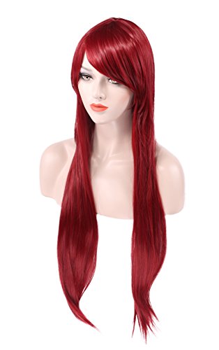 JX Roco Wigs (80cm)/32" Women's Straight Hair Wig + Free Wig Cap/Hairpieces Fashion Hairstyle Long Straight Lolita Wig for Cosplay/Halloween Party Costume Daily Use Heat Resistant(Dark red)