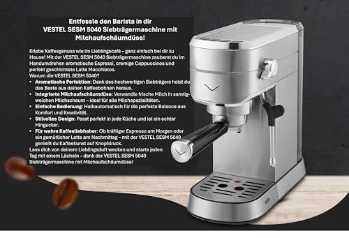 Vestel Manuelle Kaffeemaschine SESM5040 X, 15 Bar Druck, Edelstahl Espressomaschine mit Milchaufschämer, 1,2L Wassertank, Farbe: Silber – Bild 3