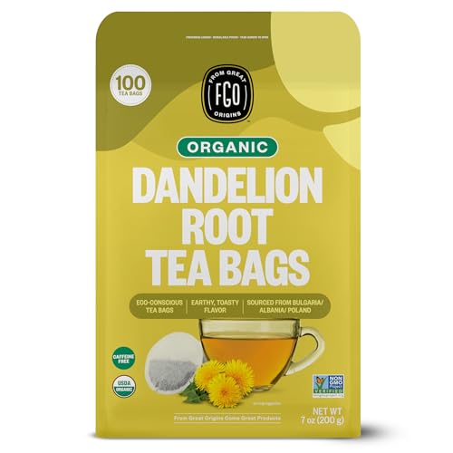 Image of FGO Organic Roasted Dandelion Root Tea, 100 Count, Eco-Conscious Tea Bags, Resealable Bag, Caffeine Free, Packaging May Vary (Pack of 1)