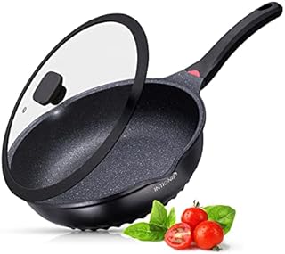 patelnia anty-zarysowania szkła Lid - 28cm głęboka patelnia saute, niemiecki Greblon powłoki kamienia - patelnia indukcyjna chemicznie wolne (Black)