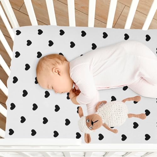Image of Black Heart Polka Dots White Fitted Crib Sheets Stretchy Portable Playard Sheets for Baby Toddler, Breathable Soft Mini Crib Mattress 52 x 28 in for Boys and Girls