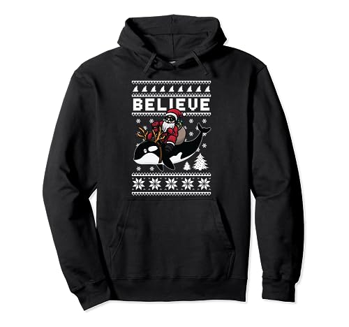 BELIEVE Santa Riding On Orca Whale Costume Funny Christmas Sudadera con Capucha