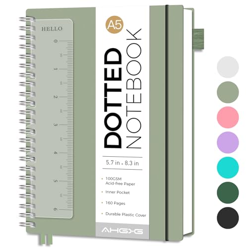 AHGXG Bullet Dotted Journal - Dot Grid Spiral Notebook A5, 160 Pages, 100 GSM Thick Paper, Waterproof Plastic Cover Journals for Bullet Journaling, Sketching, 5.7' x 8.3', Sage Green