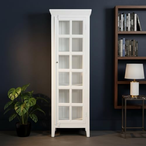 Image of APRODZ Mango Wood Crockery Cabinet with Glass Door | Wooden Kitchen Storage Cabinet for Dining Room Living Room & Bedroom | Tall Storage Cabinet with Shelves | Display Cabinet for Home, White Finish