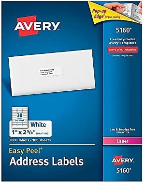 Avery Easy Peel White Address Labels w/Sure Feed Technology, Laser Printers, 1 x 2.63, White, 30/Sheet, 100 Sheets/Box