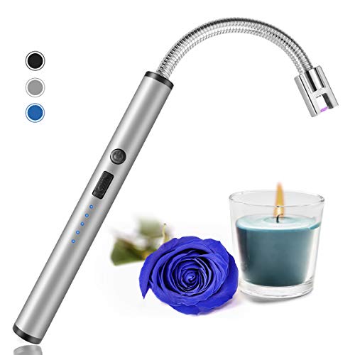 Candle Lighter, USB Charging Electric Arc Lighter with LED Power Display, Rotatable Long Neck Lighter Suitable for Lighting Candles, Camping, Cooking, Barbecue Fireworks. (Silver)