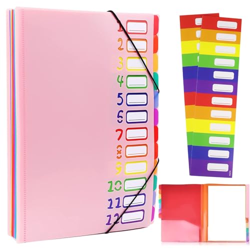 VIQWYIC Dokumentenmappe A4 mit 12 Fächern – Wasserdichter PP-Kunststoff-Ordner mit Gummizug & farbigen Etiketten – Tragbar Organizer für Schule/Büro (Rosa)
