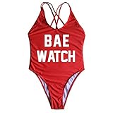 Yarsiman New Women 90s 80s Saying Print Criss Cross Back One Piece Swimsuit High Leg Swimwear Retro Straps Bathing Suit (BAEWATCHRED, Medium)