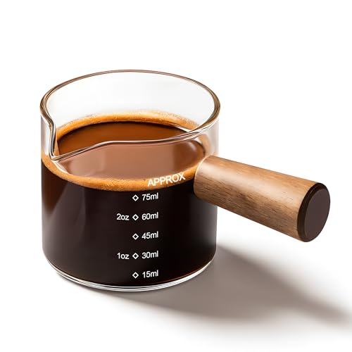 Image of YARRAMATE 2.5 oz /75ML Espresso Shots Cup with Wooden Handle, Clear Glass Demitasse Cup with Dual Scale Markings for Coffee Extraction (1 Pack, Single Spout) | Borosilicate Glass, Precision Pouring, Heat Insulated Grip, Dual-Scale Accuracy, Easy to Rinse Clean