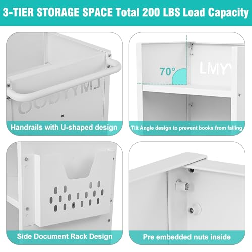 LMYYGOO Library Carts with Wheels, 200LBS Single Sided L-Shaped Shelves with 2 Inch Lockable Wheels for Home Shelves Office and School, Book Carts (White)