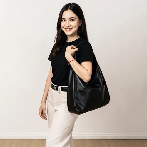 Image of Tote Bags for Women,Faux Leather Shoulder Hobo Purse Soft Slouchy Work Handbag for Work Travel 2pcs