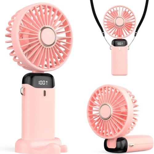 Şarjlı El Vantilatörü - LED Dijital Ekranlı 5 Kademe Rüzgar Hızlı Mini Masaüstü Fan, Boyun Askılı Katlanabilir Şarj edilebilir Taşınabilir Vantilatör, Telefon Standlı Type-C Şarjlı (Pembe) — Amazon ürün görseli