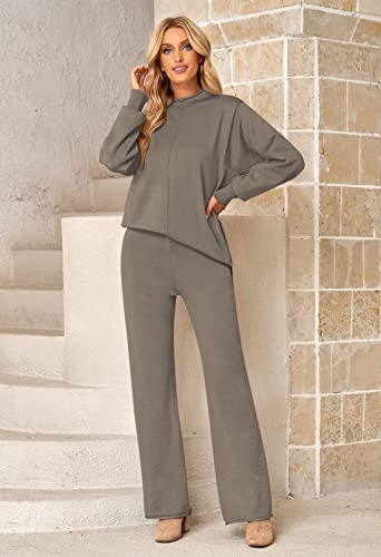 Women Knit Top And Pants Set Oversized Turtleneck Sweater Pullover Wide Leg Pants Leisure Loungewear Khaki Xl #TOP5