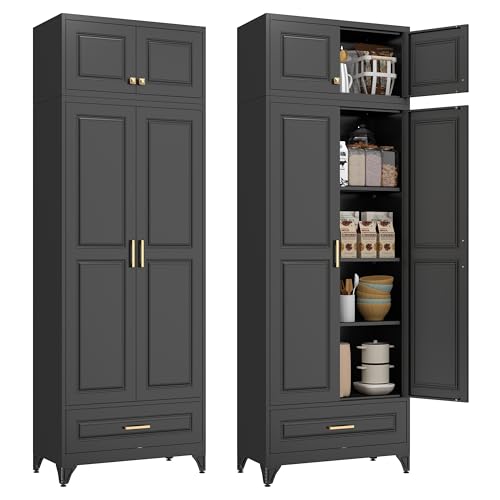 Image of Polup Kitchen Pantry Cabinet, 90 inch Tall Metal Storage Cabinet with Doors | Black Heavy-Duty Steel Cupboard, 5 Adjustable Shelves, Magnetic Latch, Gold Handles, for Dining Living Room, Laundry, Garage