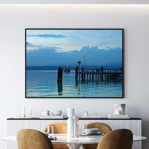 Image of ARTCREST Lake Garda Pier Painting Canvas Wall Art | Black Framed Scenic Lake Landscape Painting for Living Room, Bedroom or Office Walls | Large Decorative Canvas Wall Decor (16x20 Inches)