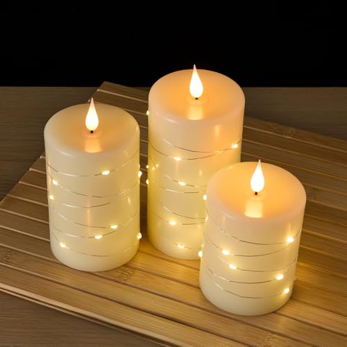 Image of amazon basics LED Flameless Candles with String Light Effect, Set of 3 (8X10 CM, 8X12.5 CM, 8X15 CM) Ivory Wax Body, Steady Warm Glow, Battery Operated with Remote & Timer, Safe Indoor Lighting