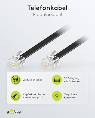 goobay Telefonkabel 6m RJ12 (6P6C) beidseitig – flaches Modularkabel mit 1:1 Belegung – Anschlusskabel für Telefon, Fax, DSL Router – nicht RJ45 – schwarz - 50322