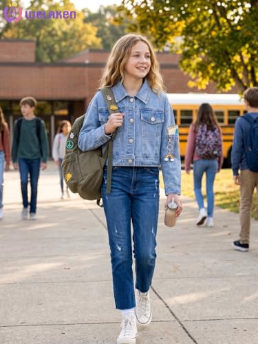 Image of WELAKEN Print Denim Jacket for Girls & Kids II Little Girl's Button Down Crop Jean Jacket Coat