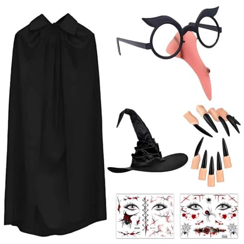 KOMEIYL 6pcs Déguisement de Sorcière D'halloween pour Femme, Noir Sorcièr Costume, Cape + Chapeau Sorcière + Lunettes Sorcièr (avec faux nez) + Faux Ongles Noire + 2 Tatouages Faciaux
