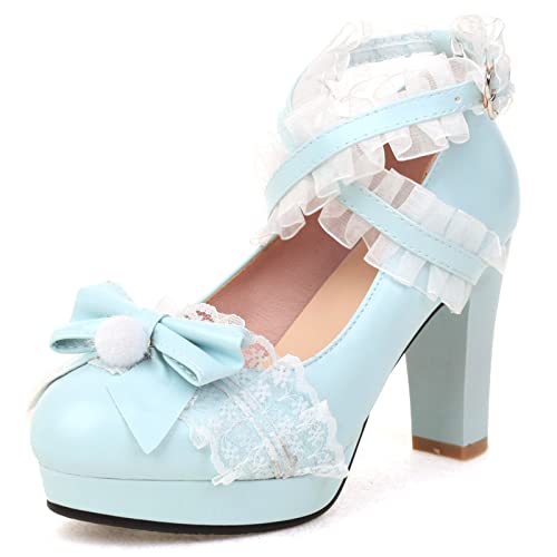 Mary Janes bleu style princesse avec nœud romantique et froufrous de fête