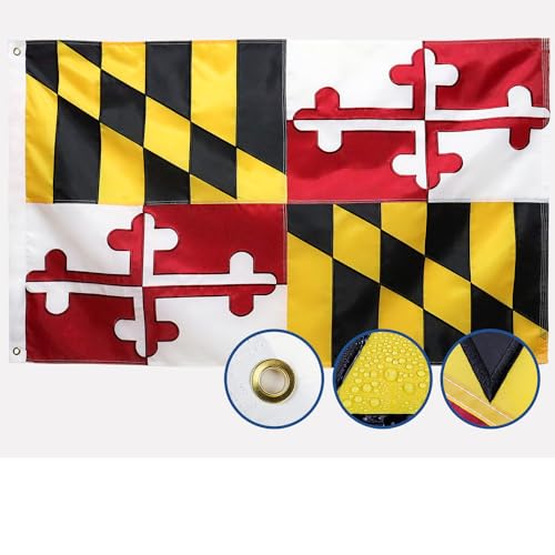 Double Sided Maryland State Flag 3x5 Outdoor The Longest Lasting MD Flags Heavy Duty 210D Nylon, Sewn Stripes, Embroidered Star, Stronger Brass Grommets,4 Stitched Hemming, Perfect for
