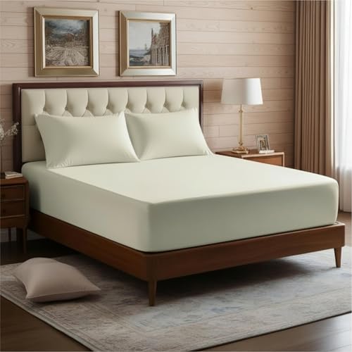 Image of Elastic Fitted Bedsheet Single Size Bed with 2-Pillow Covers 100% Egyptian Cotton Fits 1000 TC Soft & Breathable Luxurious Bedrooms and Hotels Use (Ivory) (Size: 78x48 Inch)