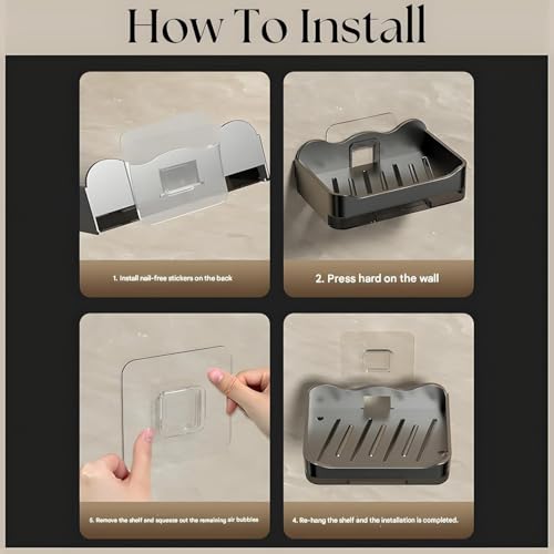 Image of Self-Adhseive Bathroom Soap Holder with Drainage Tray Wall Mounted Soap Sponge Holder Organizer Accessories (1, Black SOAP Box)