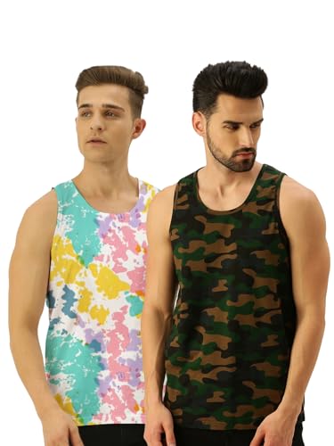 Image of Veirdo Pure Cotton Sleeveless Vest Combo for Men & Boys (Scoop Neck, Regular Fit, Multicolor, Printed, Suitable for Gym, Beach, Casual & Sports) (Pack of 2)