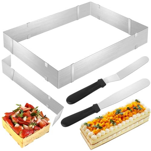 TAXIFANW Cadre Patisserie Rectangulaire，Moule Rectangulaire Patisserie Cadre Rectangulaire Réglable Moule avec 2 Spatule，pour Petits et Grands Gâteaux