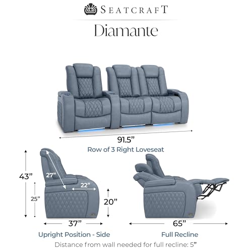 Image of Seatcraft Diamante Smokey Blue Italian Leather Home Theater Seating, Zero Gravity Power Recliner, Gaming and Home Office Chair, Powered Headrest Furniture for Cinema Room, Row of 3 Right Loveseats
