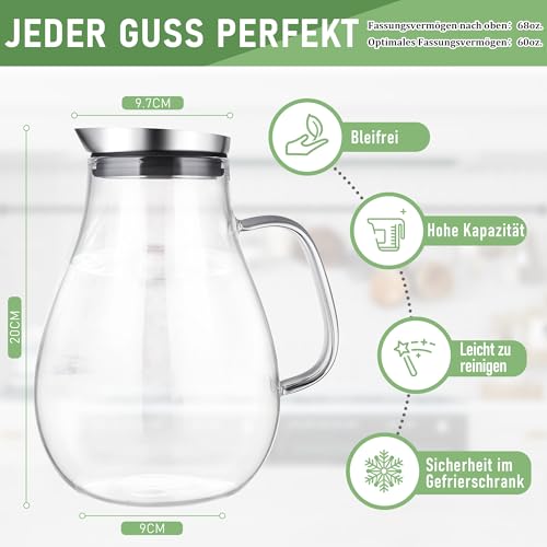 SUSTEAS 2.0 Litre Glass Jug with Lid, Water Carafe Jug for Hot/Cold Water, Iced Tea and Juice Drink, 1 Long-Handled Brush Included - Image 6