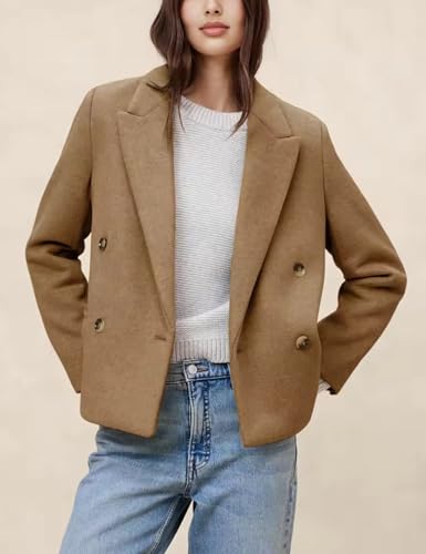 QIBABU Womens Winter Wool Blend Pea Coat Short Double Breasted Notched Lapel Blazer Overcoat4