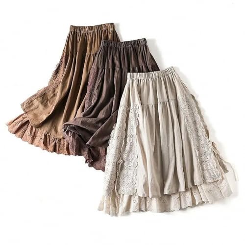 Vintage Embroidery Linen Cotton Long Skirts Women Summer Elastic High Waist Pleated Maxi Skirt Female A-Line Skirt2