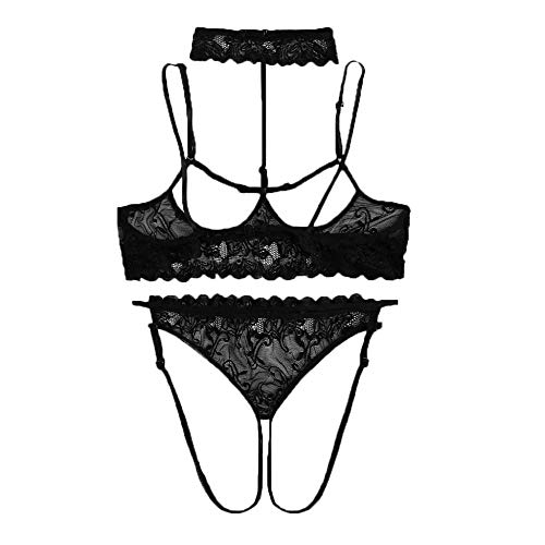 Lingerie sexy dentelle transparente pour femme avec soutien-gorge évidé et string ouvert