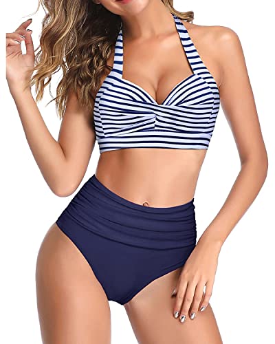 Image of Tempt Me Women Two Piece Swimsuit High Waisted Bikini Halter Vintage Retro Bathing Suit Push up Swimwear