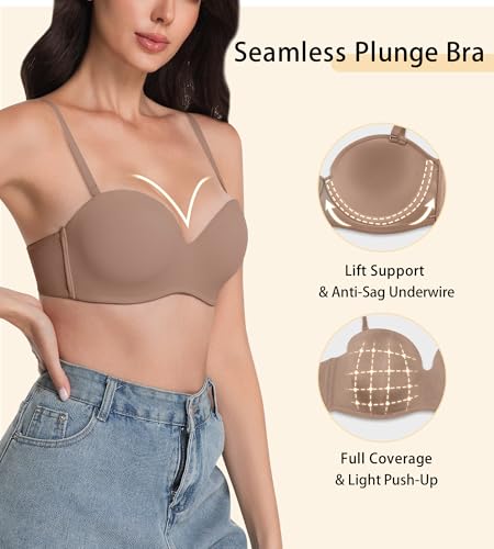 Image of Strapless Bras for Women with Support - Womens Underwire Push Up Plunge Full Coverage Tshirt Bra with Extender