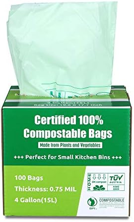 Primode 100% Compostable Bags, 4 Gallon (15L) Food Scraps Yard Waste Bags, Extra Thick 0.75 Mil. ASTM D6400 Compost Bags Small Kitchen Trash Bags, 100 Count Certified by BPI & TUV EU